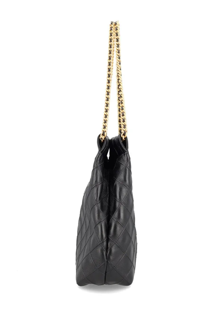 Tory Burch women’s Fleming black quilted leather tote bag with gold-tone chain strap for stylish carrying