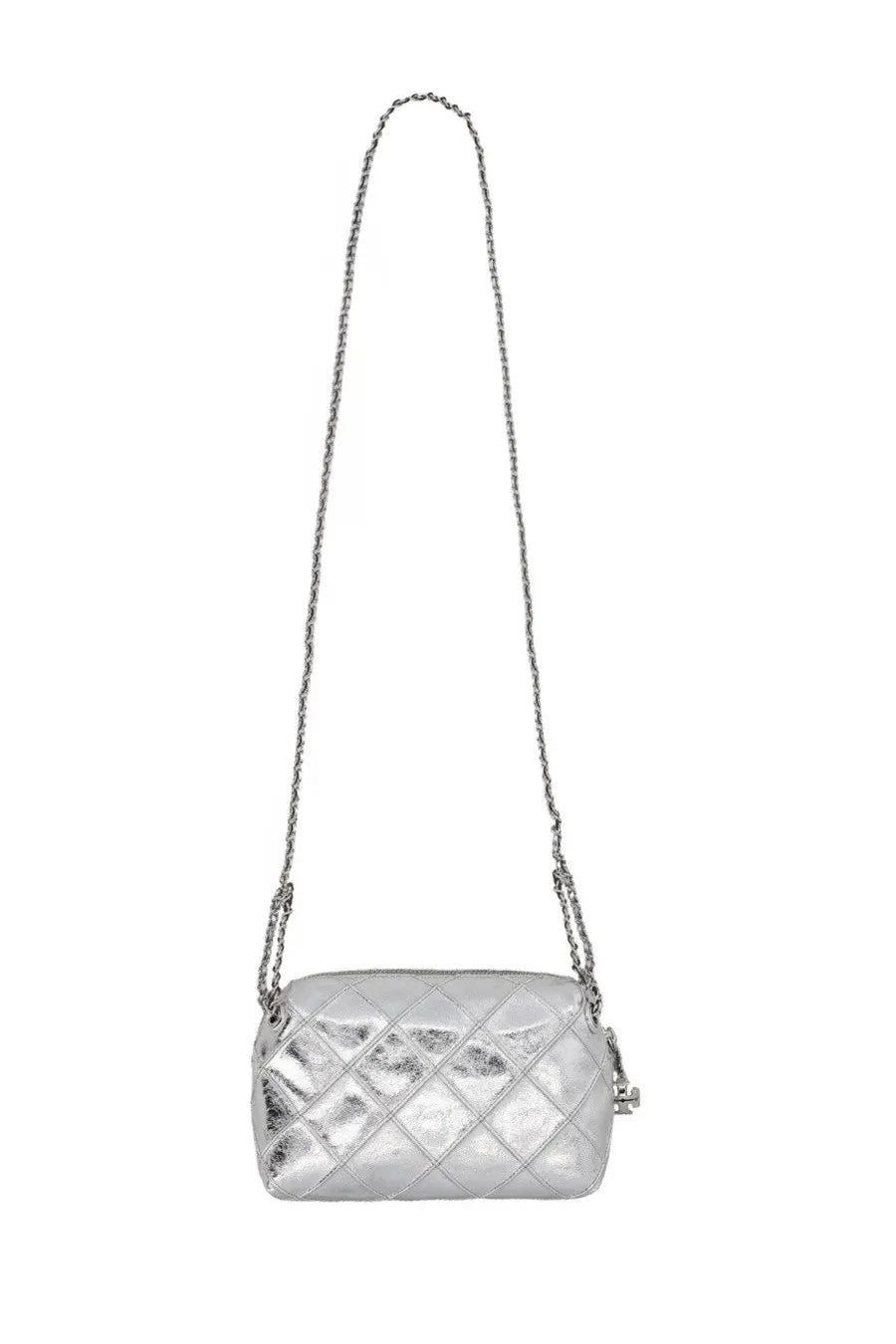 Tory Burch women’s Fleming silver quilted chain shoulder bag with metallic finish and diamond-stitched pattern
