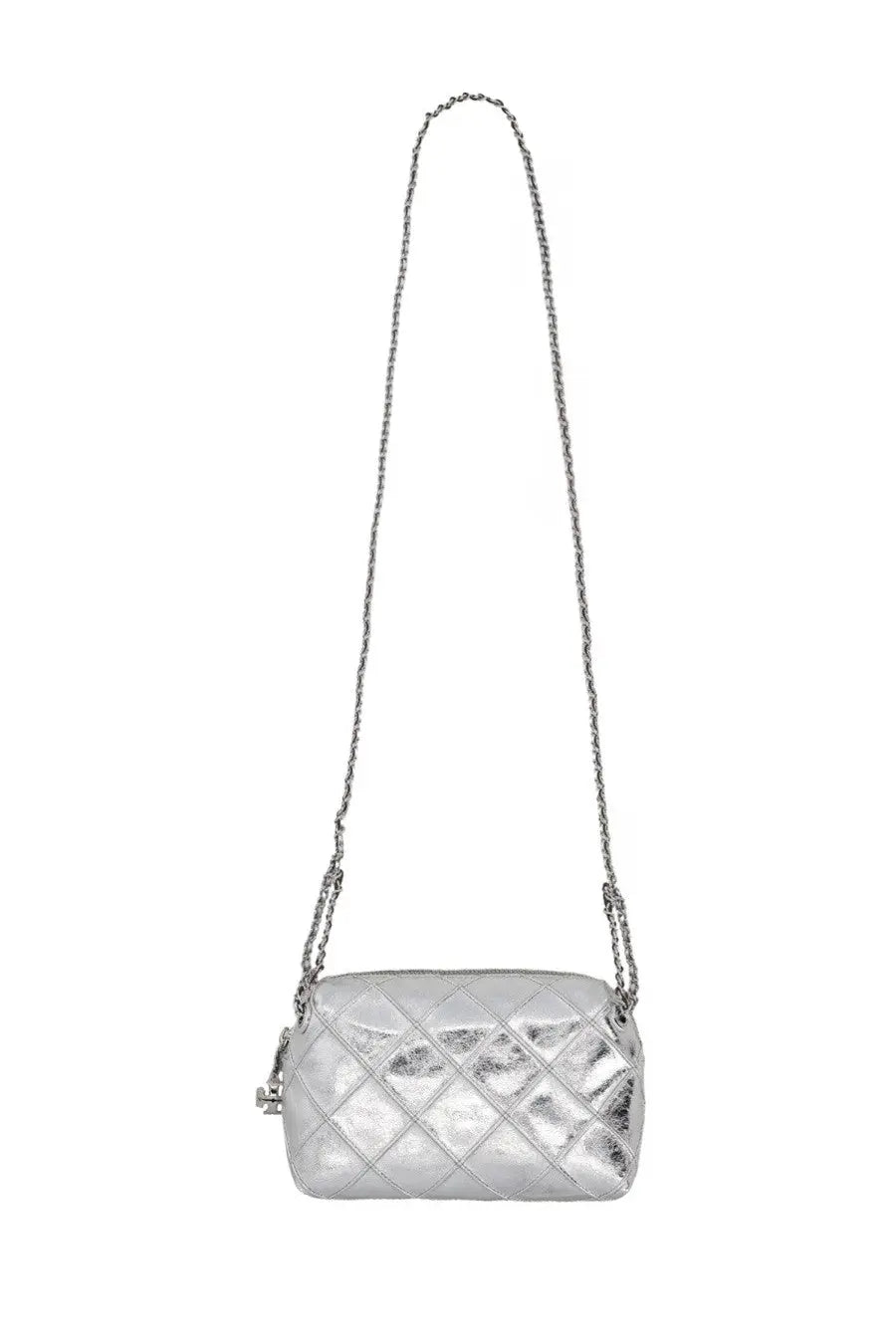 Tory Burch women’s Fleming bag silver quilted leather crossbody bag with chain strap for stylish use