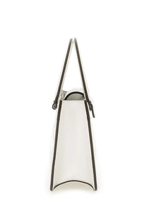 Tory Burch women’s Fleming East West shopper bag white leather tote with black trim and handles