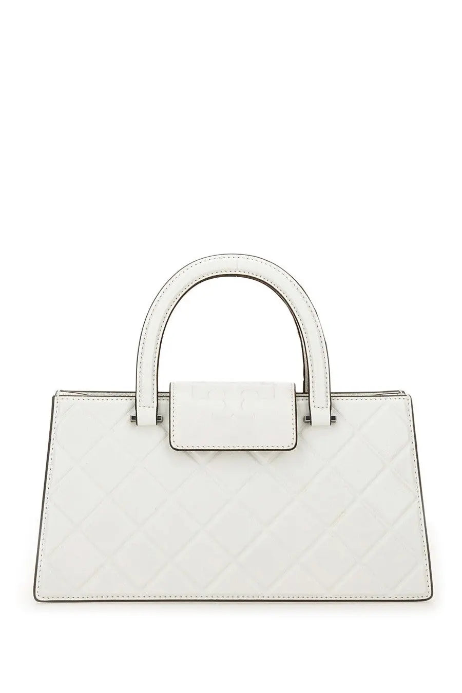 White quilted leather tory burch women’s fleming east west shopper bag with structured design and top handle