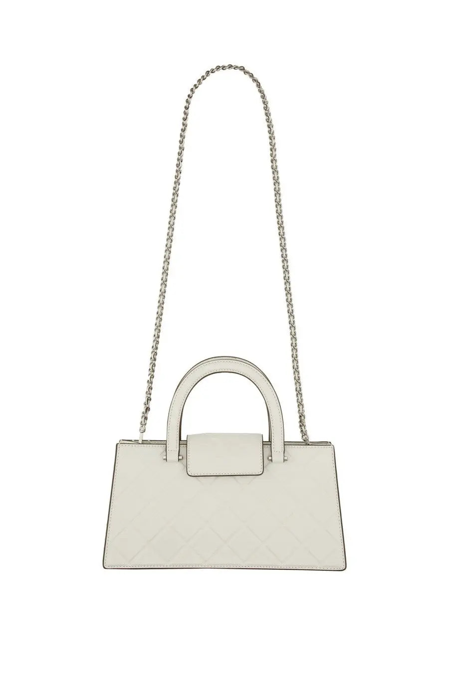 Tory Burch women’s Fleming east west shopper bag in white leather with silver chain strap and top handle