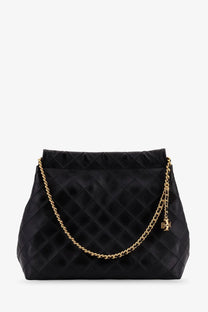 Tory burch womens fleming hobo leather bag black with quilted design gold-tone chain strap and logo charm