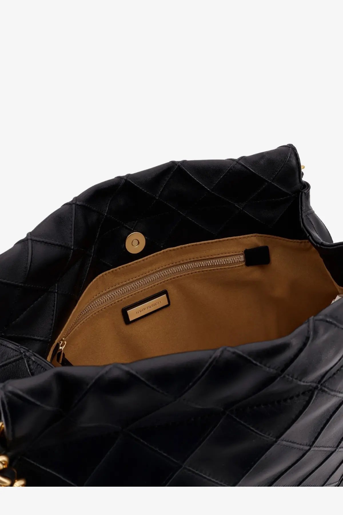 Tory Burch women’s Fleming hobo leather bag black with quilted design tan interior and gold-tone hardware
