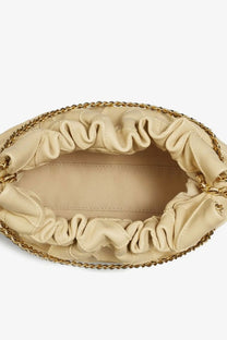 Tory Burch women’s Fleming mini hobo bag in beige quilted leather with gold-tone chain trim and ruched detailing