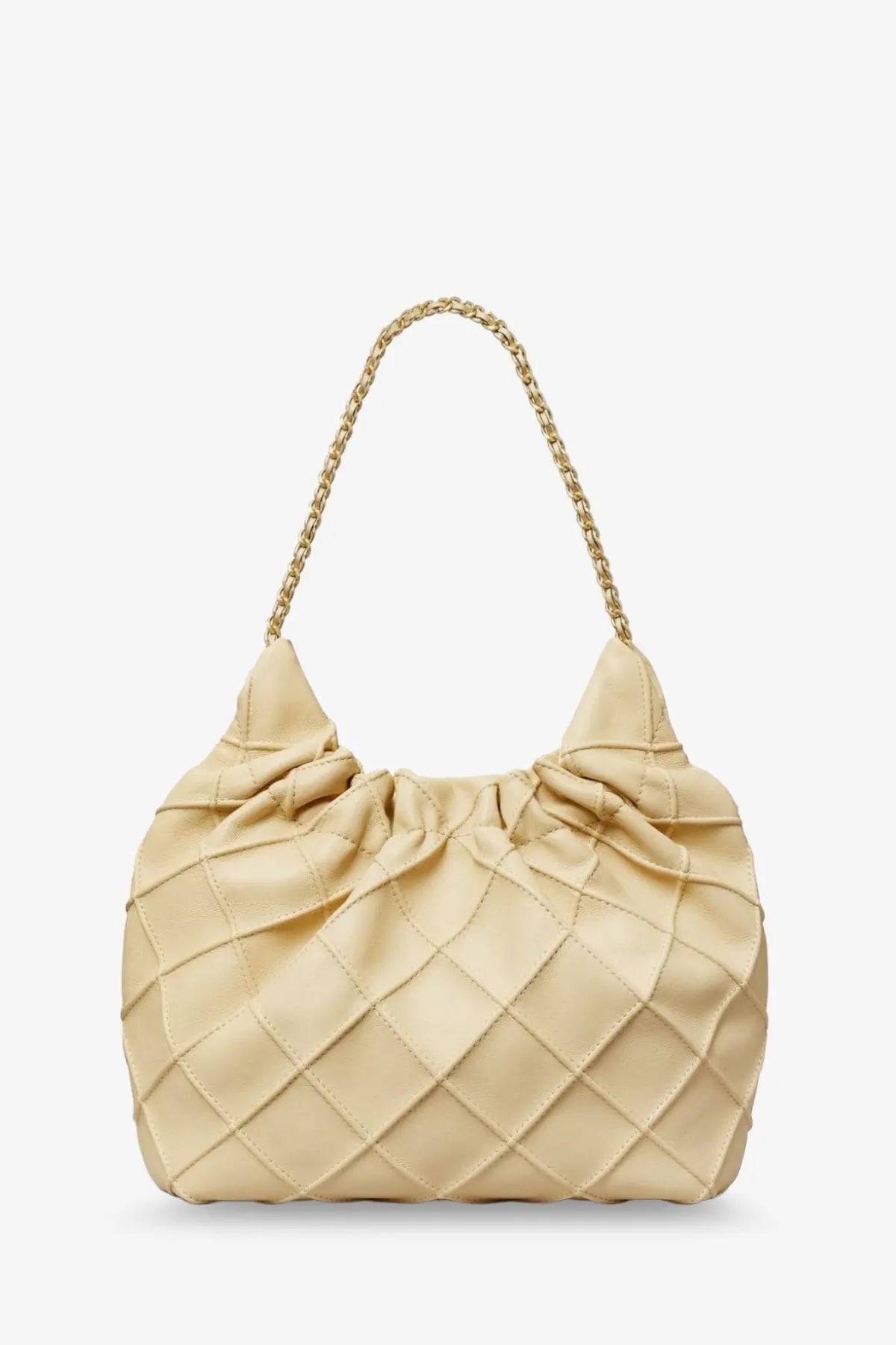 Beige quilted leather tory burch womens fleming mini hobo bag with gold-tone chain strap