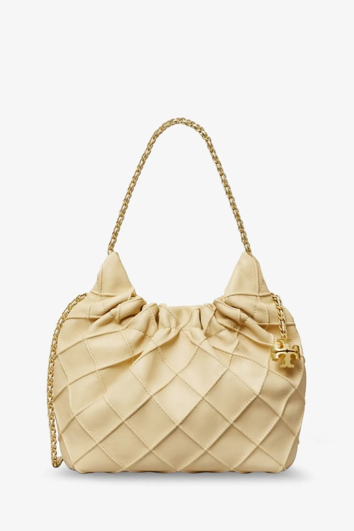Tory Burch women’s Fleming mini hobo bag in beige quilted leather with gold-tone chain strap and logo charm