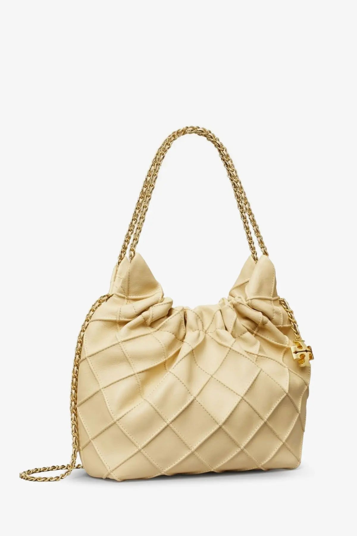 Tory burch women’s fleming mini hobo bag beige quilted leather with gold-tone chain straps and drawstring closure