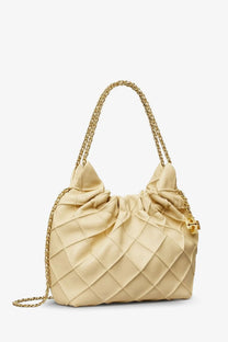Tory burch women’s fleming mini hobo bag beige quilted leather with gold-tone chain straps and drawstring closure