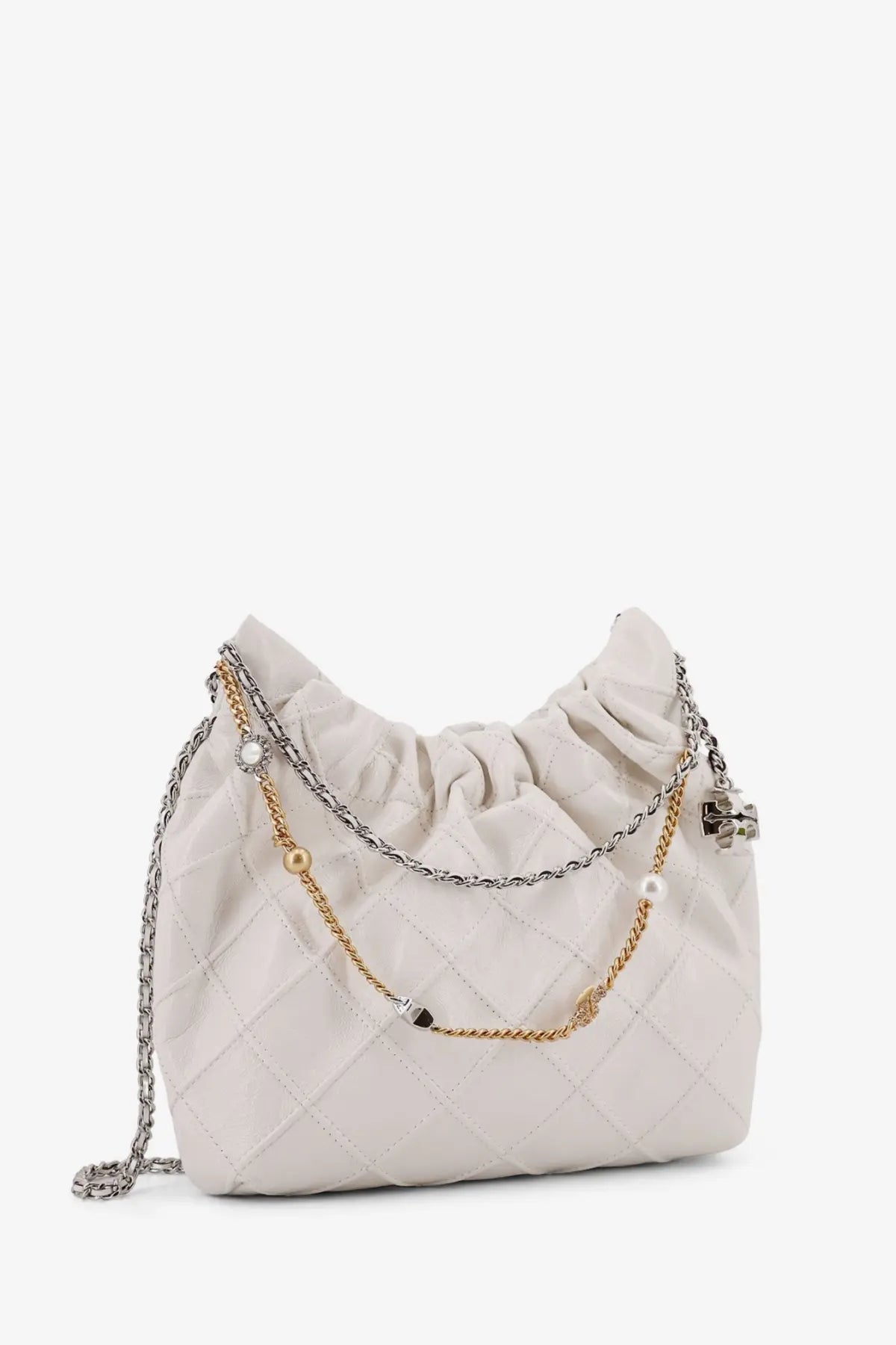 Tory Burch women’s white quilted leather Fleming mini hobo crossbody bag with silver chain and gold pearl accents