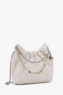 Tory Burch women’s white quilted leather Fleming mini hobo crossbody bag with silver chain and gold pearl accents