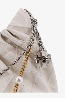 Tory Burch womens Fleming mini hobo leather crossbody bag in white with quilted design and silver gold chain strap