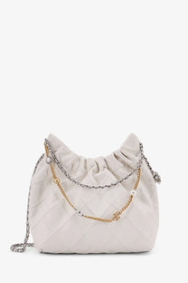 Tory Burch women’s Fleming mini hobo leather crossbody bag white with quilted design silver chain and pearl accents
