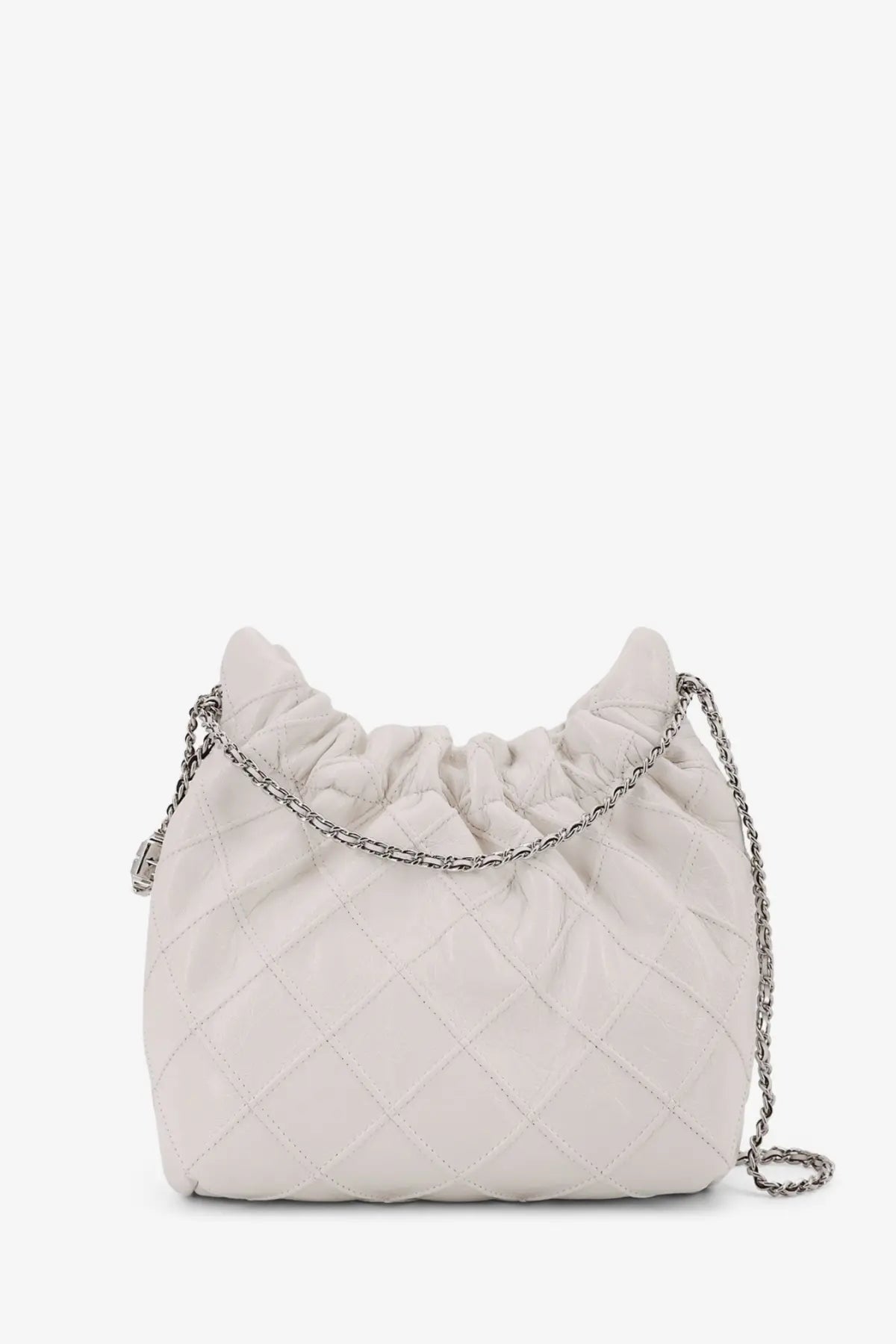 Tory Burch women’s Fleming mini hobo soft off-white quilted leather handbag with chain strap and gathered top closure