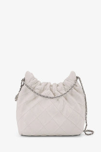 Tory Burch women’s Fleming mini hobo soft off-white quilted leather handbag with chain strap and gathered top closure