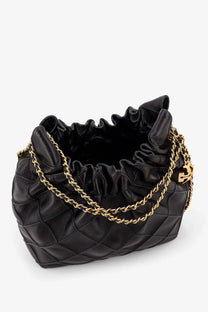 Tory Burch women’s Fleming mini hobo leather handbag in black with quilted design and gold-tone chain strap ruched top