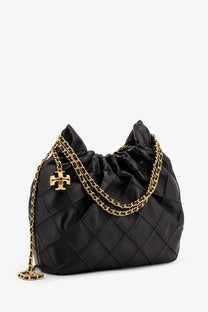 Tory Burch women’s Fleming mini hobo leather handbag black with quilted design gold-tone chain strap and logo charm