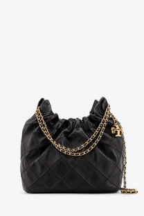 Tory Burch women’s Fleming mini hobo handbag in black quilted leather with gold-tone chain strap and logo charm