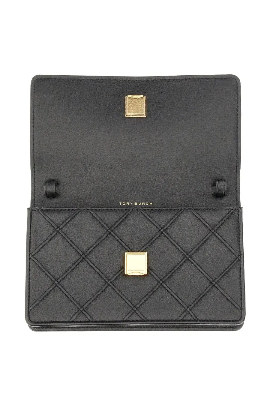 Tory Burch women’s Fleming wallet black quilted leather clutch with gold-tone square hardware and minimalist design