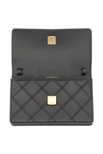 Tory Burch women’s Fleming wallet black quilted leather clutch with gold-tone square hardware and minimalist design