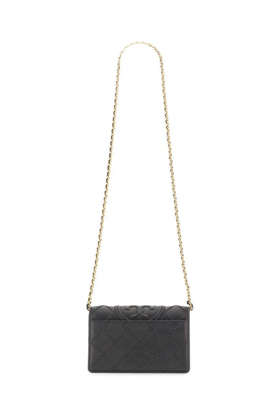 Tory Burch women’s Fleming wallet black black quilted leather crossbody bag with gold-tone chain strap