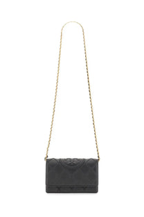 Tory Burch women’s Fleming wallet black quilted leather crossbody bag with gold chain strap and embossed logo