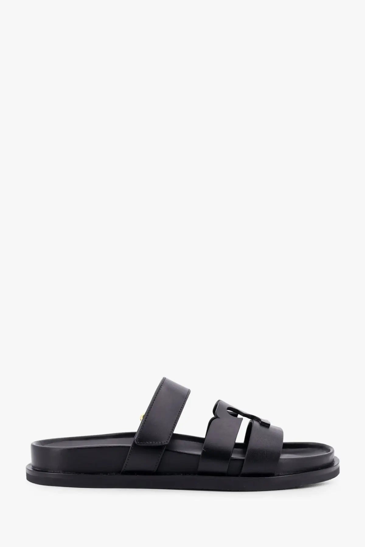 Tory Burch women’s ines grey leather slide sandal with minimalist design and two wide straps