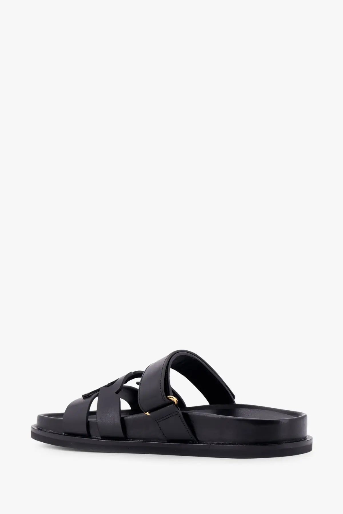 Tory Burch women’s ines grey leather slide sandal with minimalist design and gold tone buckle