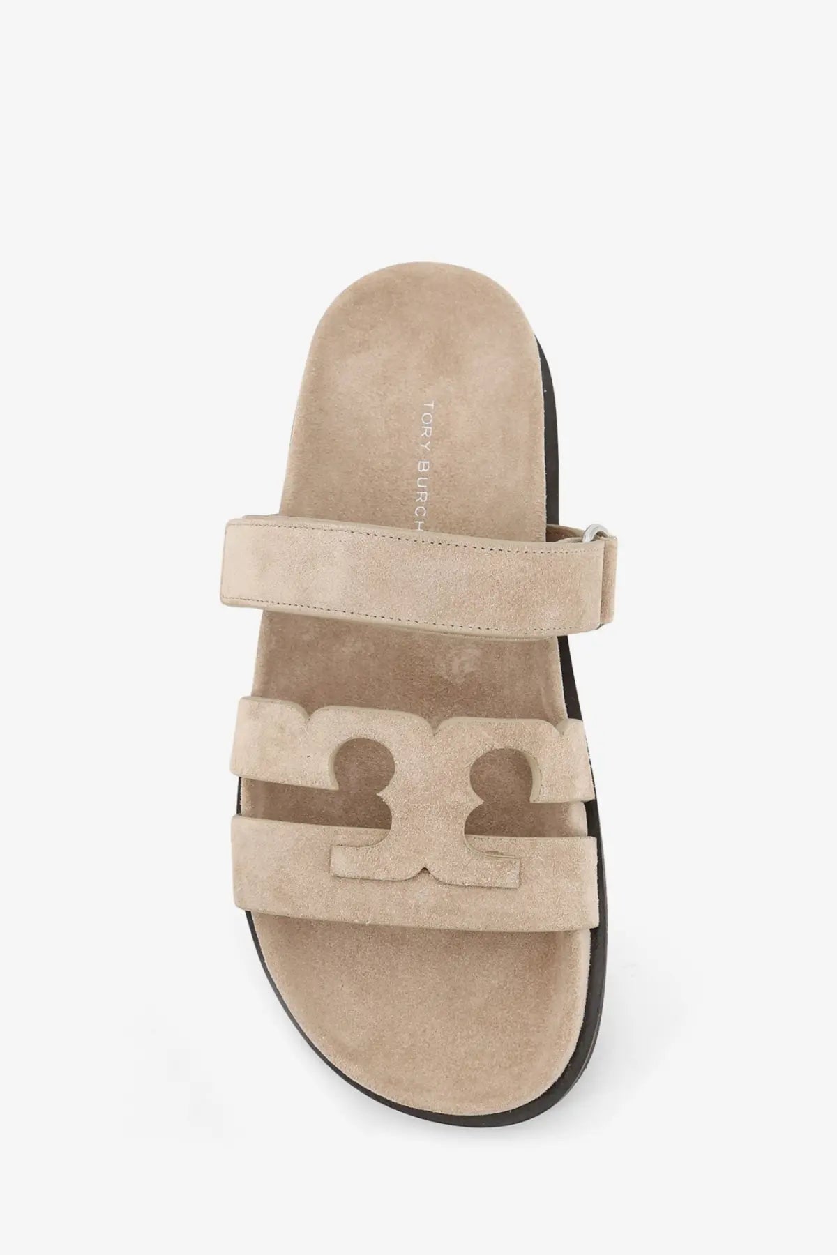 Beige suede tory burch women’s ines low slide sandal with signature logo cutout on the strap