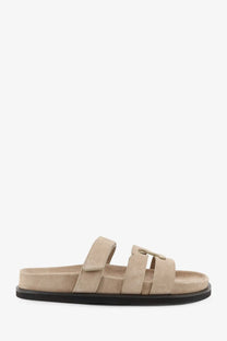 Tory Burch women’s Ines low suede sandals in beige with two adjustable straps and black rubber sole