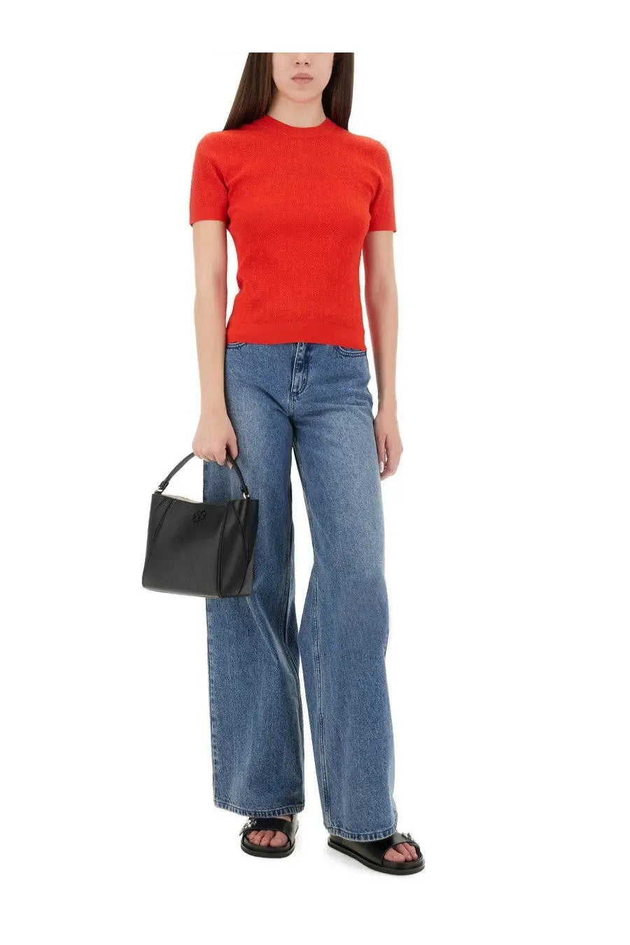 Black leather mini tote bag with top handle from tory burch featuring jacquard monogram jersey red accents