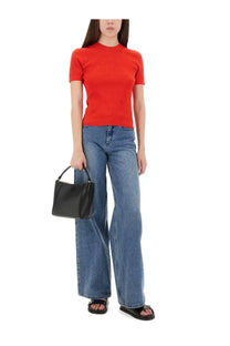 Black leather mini tote bag with top handle from tory burch featuring jacquard monogram jersey red accents