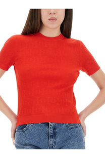 Tory Burch women’s jacquard monogram jersey red vibrant short-sleeved knit top with textured pattern and ribbed neckline