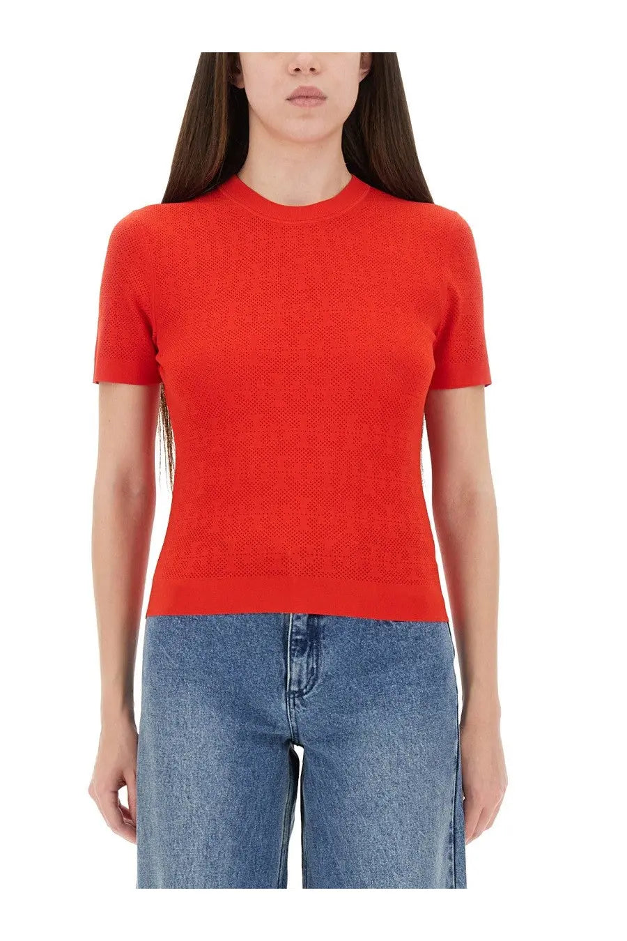 Vibrant red short-sleeved knit top with round neckline and textured jacquard fabric by Tory Burch women’s jersey