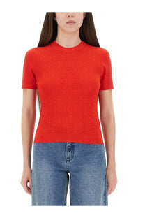 Vibrant red short-sleeved knit top with round neckline and textured jacquard fabric by Tory Burch women’s jersey