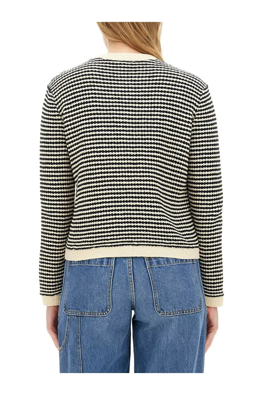 Tory Burch women’s Kendra cardigan in black and cream striped knit with ribbed crew neckline cuffs and hem