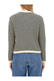 Tory Burch women’s Kendra cardigan in black and cream striped knit with ribbed crew neckline cuffs and hem