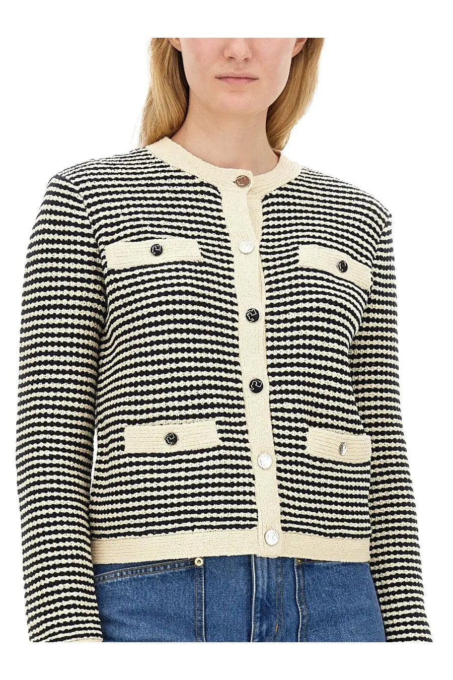 Tory Burch women’s Kendra cardigan in black and cream striped tweed with button closures