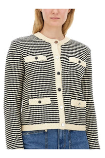 Tory Burch women’s Kendra cardigan in black and cream striped tweed with button closures