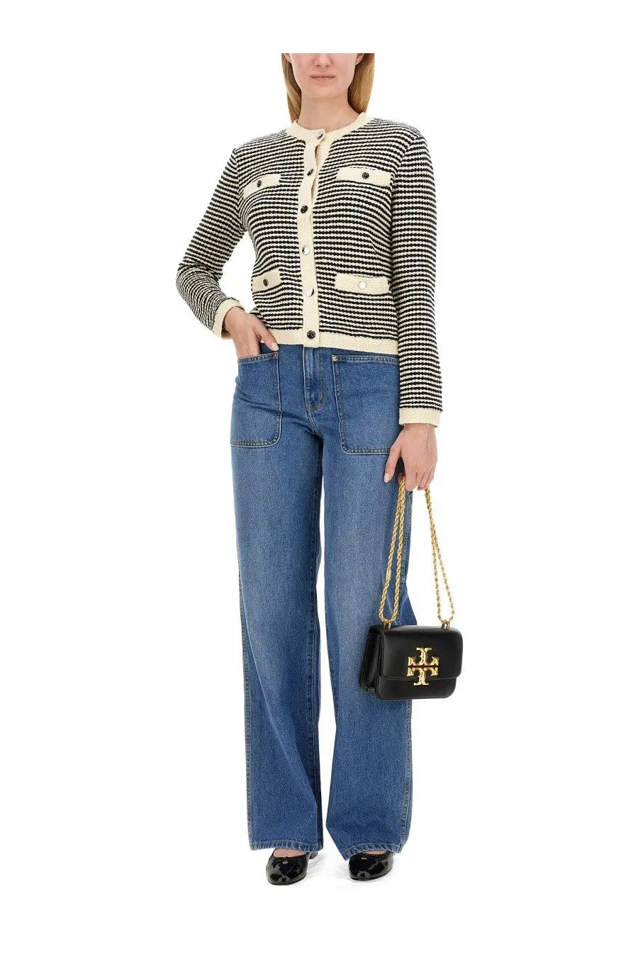 Black leather crossbody bag with gold-tone chain strap and logo clasp by tory burch for women