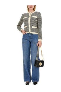 Black leather crossbody bag with gold-tone chain strap and logo clasp by tory burch for women