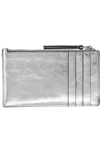 Silver metallic Tory Burch women’s Kira card holder with zipper closure and vertical card slots