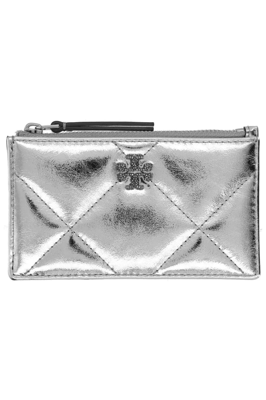 Silver quilted Tory Burch women’s Kira card holder wallet with sparkling logo emblem and black zipper pull