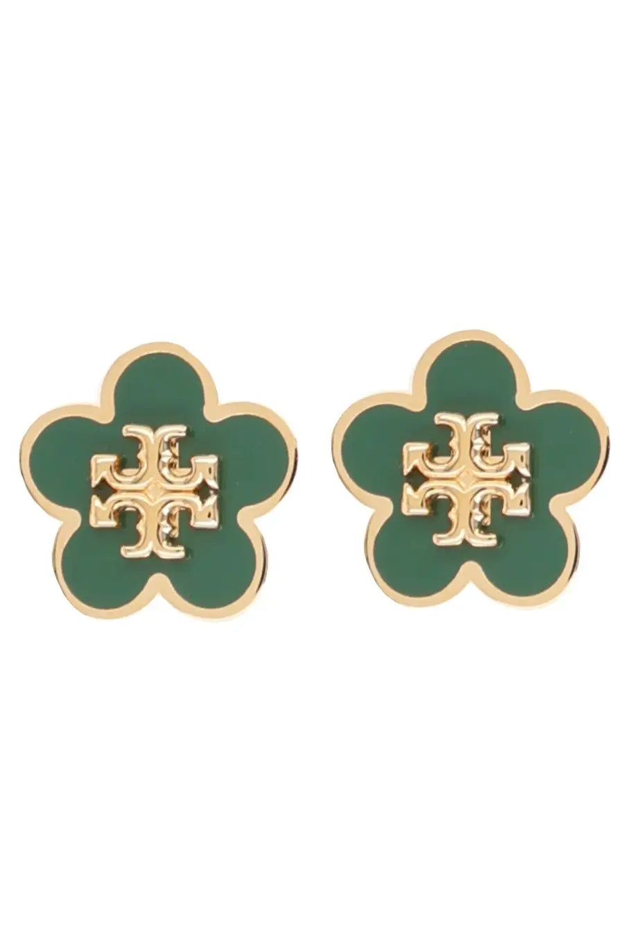 Tory burch women’s kira earrings green enamel flower studs with gold-tone logo center