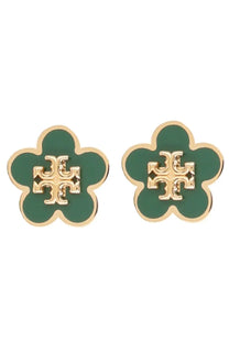 Tory burch women’s kira earrings green enamel flower studs with gold-tone logo center