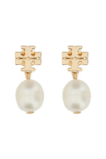 Gold-tone Tory Burch women’s Kira earrings with geometric logo top and dangling round pearl accents