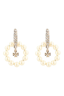 Tory burch women’s kira earrings white pearl hoops with silver-toned tops and dangling cross charms