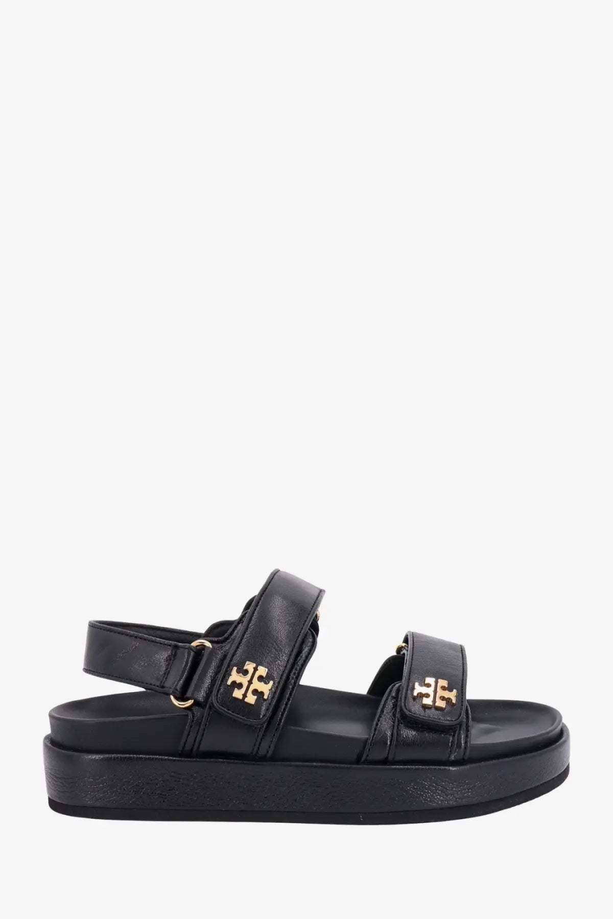 Black leather platform sandals with gold tone Tory Burch logo accents for women Tory Burch Kira style