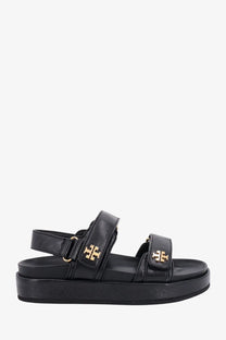 Black leather platform sandals with gold tone Tory Burch logo accents for women Tory Burch Kira style