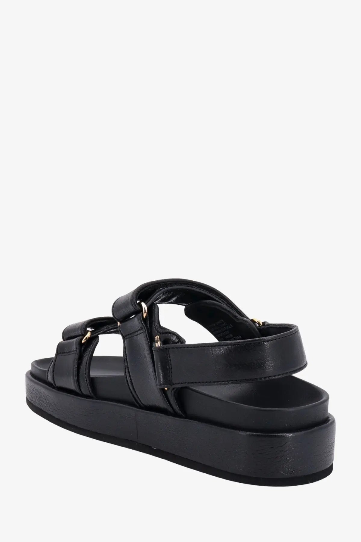 Tory Burch women’s Kira black leather platform sandal with multiple straps and gold-tone buckles